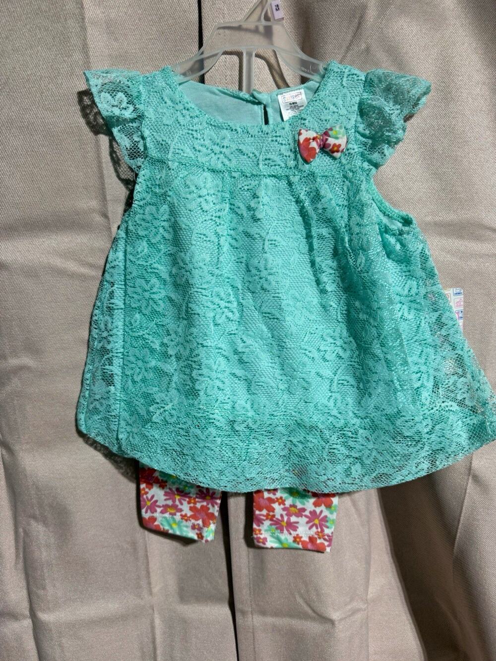 Swiggles Girls 18M 2pc Aqua Lace Sleeveless Dress Top Bow Floral Pants Set